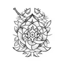sword with fire surrounded by thorns and flowers tattoo design idea