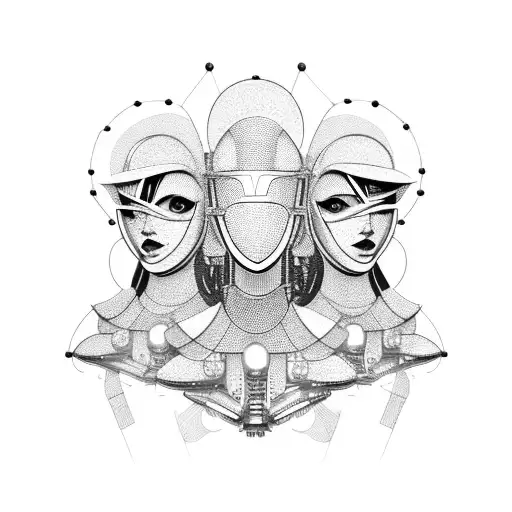 A trio of girls dressed in futuristic engineer outfits, surrounded by mechanical animals tattoo design idea