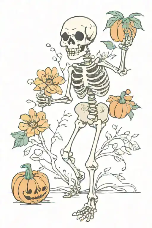 tiny dancing skeleton holding three tiny flowers in left hand and a tiny pumpkin placed on the ground on the right tattoo design idea