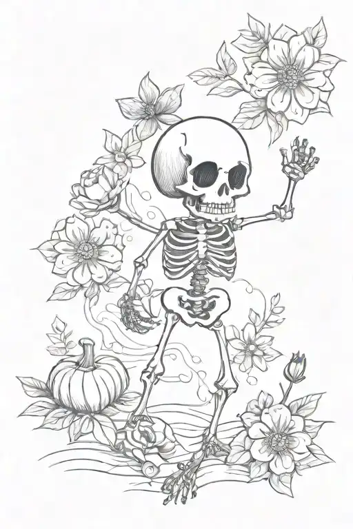 tiny dancing skeleton holding three flowers in left hand and a tiny pumpkin placed on the ground on the right  tattoo design idea