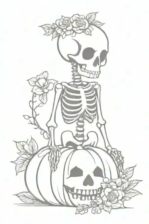 tiny skeleton holding a tiny bouquet of flowers with a pumpkin on the right side tattoo design idea