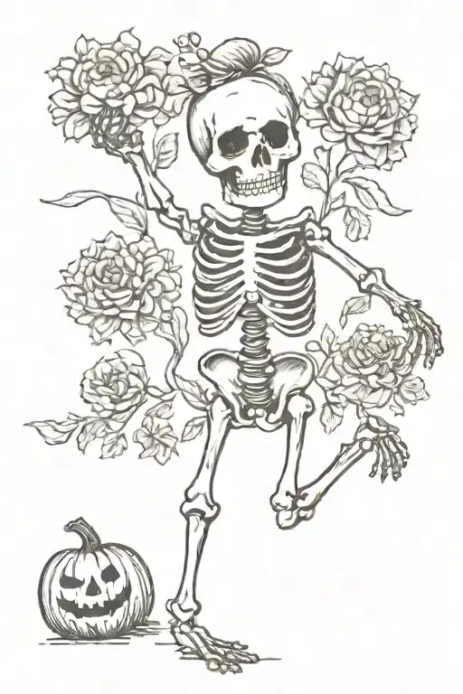 tiny dancing skeleton holding three tiny flowers in left hand and a tiny pumpkin placed on the ground on the right tattoo design idea