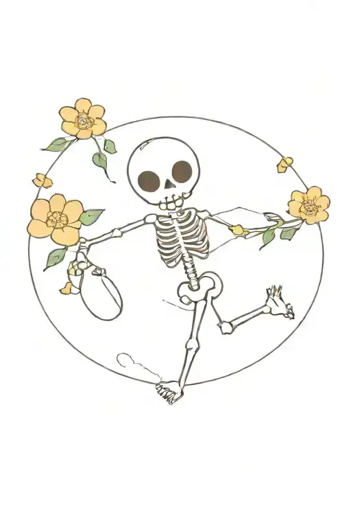 tiny dancing skeleton holding three tiny flowers in left hand and a tiny pumpkin placed on the ground on the right tattoo design idea