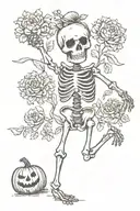 tiny dancing skeleton holding three tiny flowers in left hand and a tiny pumpkin placed on the ground on the right tattoo design idea