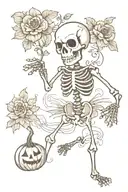 tiny dancing skeleton holding three tiny flowers in left hand and a tiny pumpkin placed on the ground on the right tattoo design idea