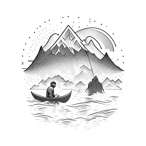 father and son fishing with mountains in the back tattoo design idea
