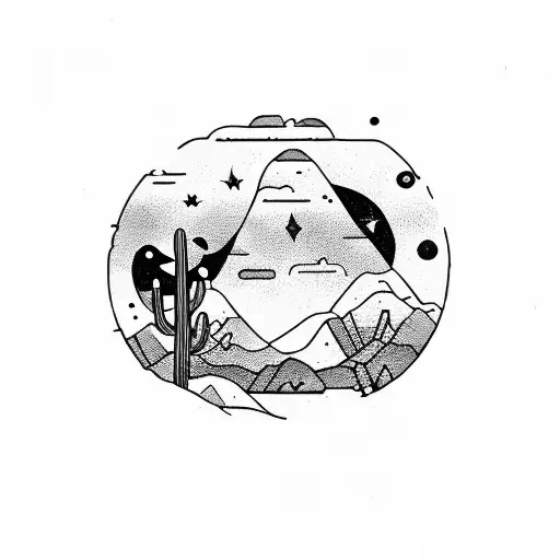  desert setting with saguaro and small snake, and night sky tattoo design idea