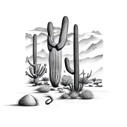  desert setting with saguaro and small snake tattoo design idea