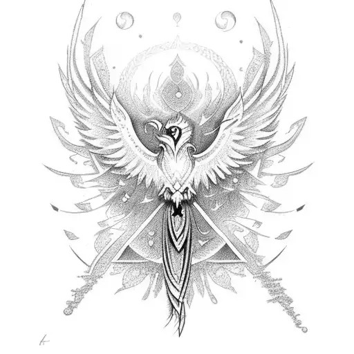phoenix with feminine elements and symbols of strength and protection tattoo design idea