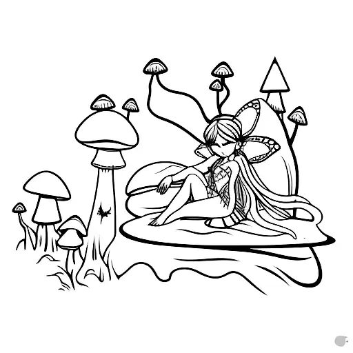 fairy sitting on top of a mushroom tattoo design idea