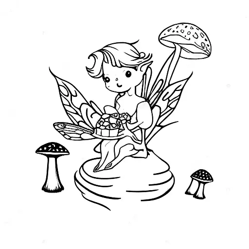 fairy sitting on top of a mushroom eating a cookie tattoo design idea