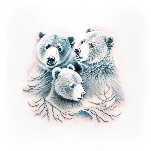3 baby bears playing around trees mountains and lake. 2 birds flying in sky tattoo design idea