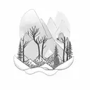 3 baby bears playing around trees mountains and lake. 2 birds flying in sky tattoo design idea