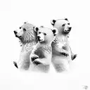 3 baby bears playing around trees mountains and lake. 2 birds flying in sky tattoo design idea