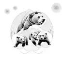 3 baby bears playing around trees mountains and lake. 2 birds flying in sky tattoo design idea