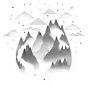 3 baby bears playing around trees mountains and lake. 2 birds flying in sky tattoo design idea