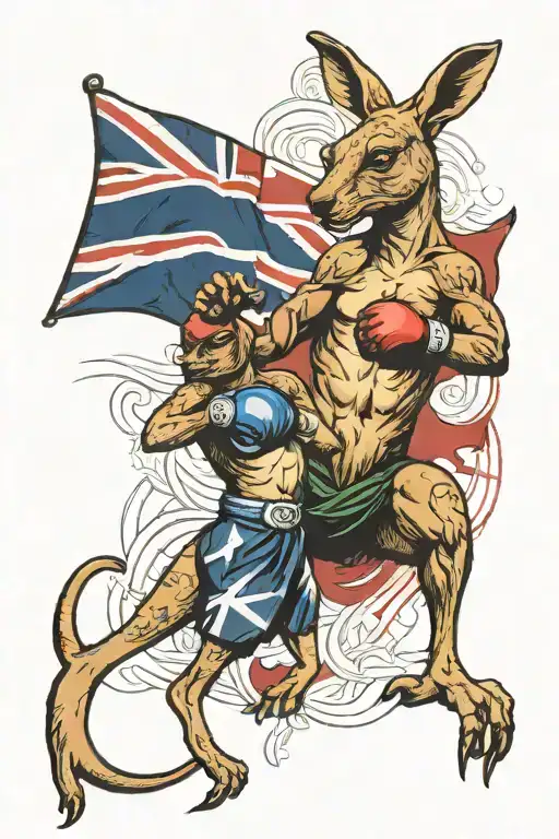 boxing kangaroo in front of Australian flag intertwined tattoo design idea