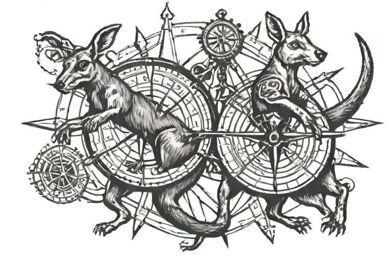 boxing kangaroo jumping over a compass tattoo design idea