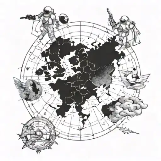 A map showing Europe and the United States, with the astronaut positioned in the center tattoo design idea