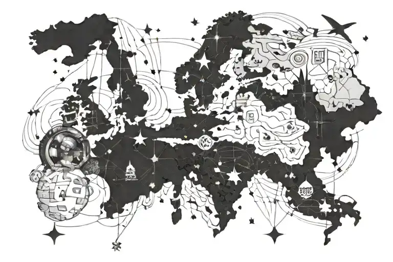 A map showing Europe and the United States, with the astronaut positioned in the center tattoo design idea