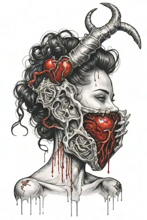 An alluring girl with horns and a forked tongue posed with saliva dripping onto an anatomical heart in her hand, tattoo design idea