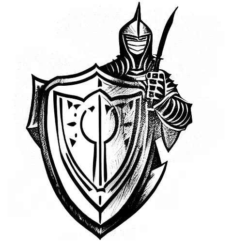 sleeve tattoo in the style of an engraving On the theme of a knight holding a shield with an image of an angel while fig tattoo design idea