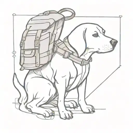 A sketch tattoo of a dog wearing a hiking backpack, ready for an adventure, representing your love for hiking and your favorite pet tattoo design idea