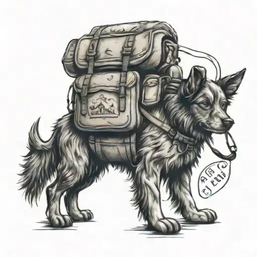 A sketch tattoo of a dog wearing a hiking backpack, ready for an adventure, representing your love for hiking and your favorite pet tattoo design idea