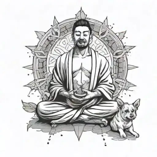 a man meditating like Buddha with a man bun hair with a six arms and a dog in his lap simple tattoo design tattoo design idea