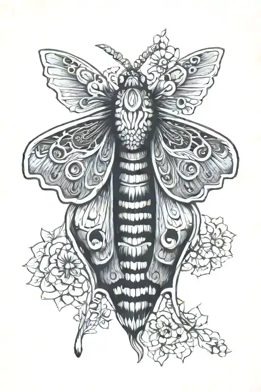 large, ornate moth; 1937 on the left wing, and 2024 on the right wing; a garnet birthstone on the middle of the back tattoo design idea