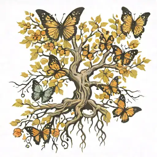 poison tree with roots and dead butterflies fluttering with no color or flowers tattoo design idea