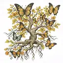 poison tree with roots and dead butterflies fluttering with no color or flowers tattoo design idea