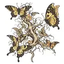 poison tree with roots and dead butterflies fluttering with no color or flowers tattoo design idea