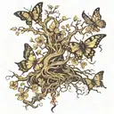 poison tree with roots and dead butterflies fluttering with no color or flowers tattoo design idea