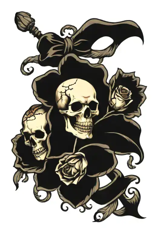 skull hand holding a bow with 3 burning roses growing tattoo design idea