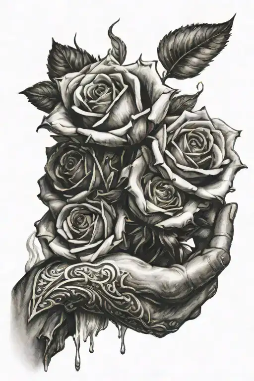  hand holding a bow with burning roses growing inside tattoo design idea