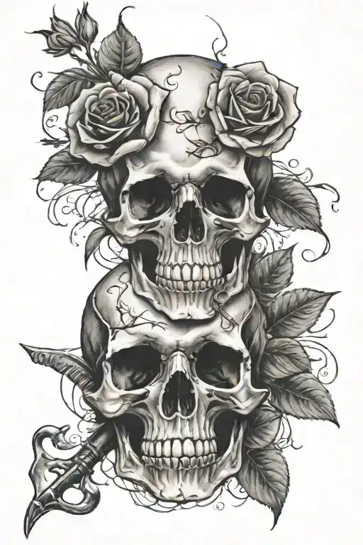 skull hand holding a bow with burning roses growing tattoo design idea