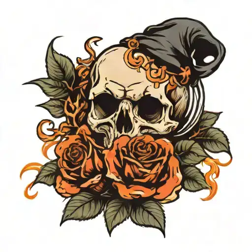 skull hand holding a bow with burning roses growing tattoo design idea