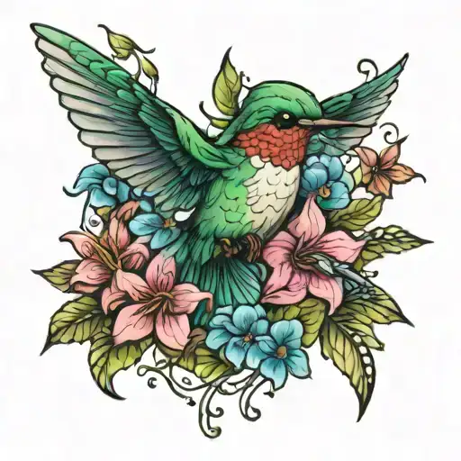 hummingbird flowers colorful, 3D tattoo design idea