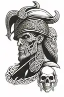 Celtic warrior holding a skull with a skully hat in a blackwork design tattoo design idea