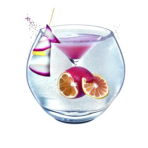A cocktail in a Glass of whisky, with the color pink, two Ice clubes, a lemon and a raspberry tattoo design idea