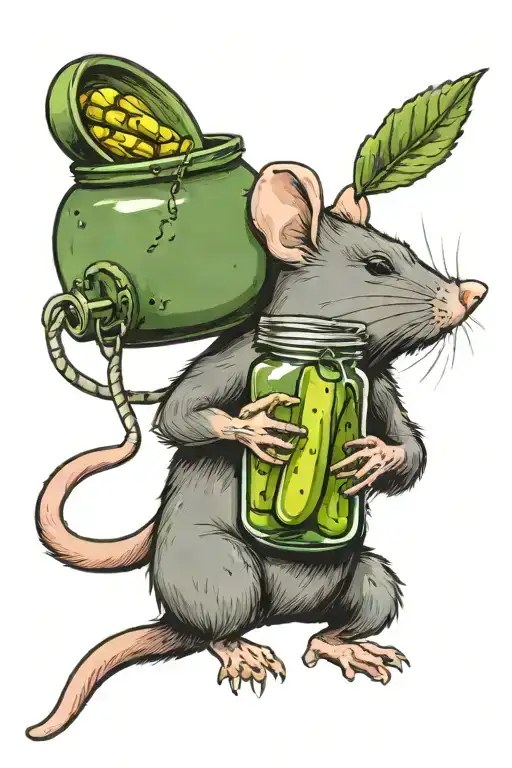 A mouse and a pickle jar hanging over the side, eating a pickle tattoo design idea