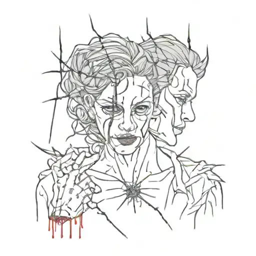 Dependence on a person with emotional masks, barbed wire, blood, blade tattoo design idea