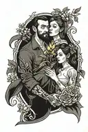 a father holding a lupin and a mother holding a daffodil  tattoo design idea