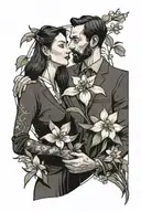 a father holding a lupin and a mother holding a daffodil  tattoo design idea