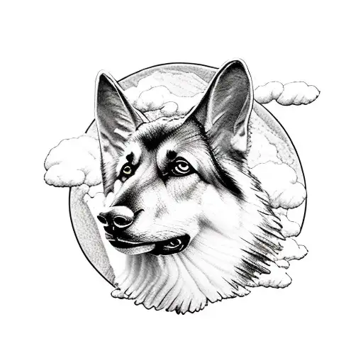 german shepherd running with sheep in the Alps  tattoo design idea