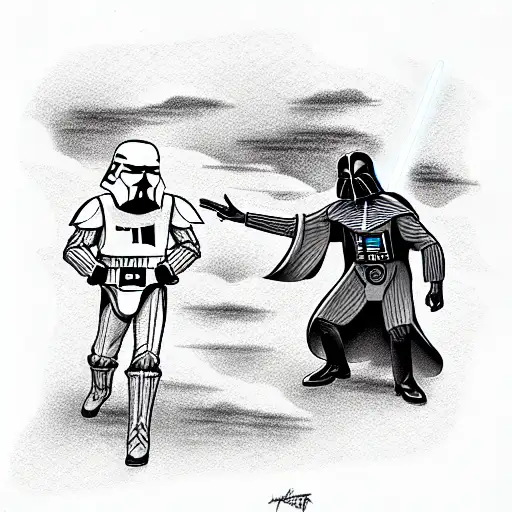 Darth vader fighting a jedi in the woods with x-wings flying in the sky tattoo design idea