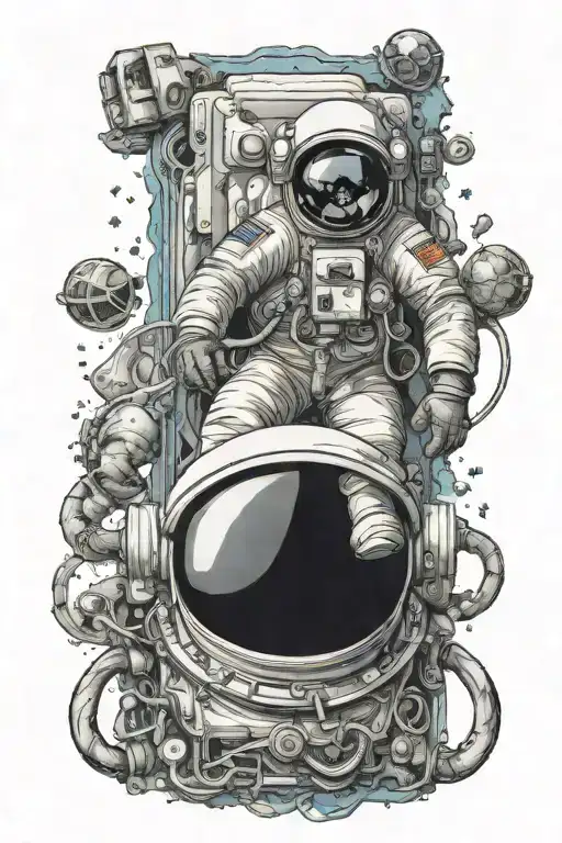astronaut with helmet filled with the ocean, holding a key to unlock a planet  tattoo design idea