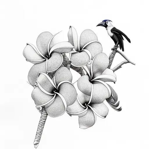 plumeria flowers with drongo, oriental pied hornbill and oriole tattoo design idea