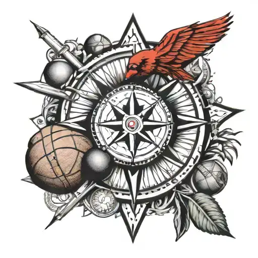 A traditional compass rose with basketballs, guns, and money symbols as cardinal directions tattoo design idea